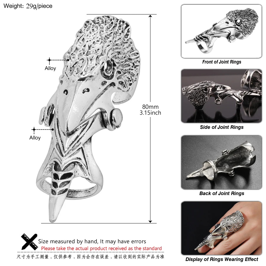 Vintage Eagle Ring Gothic Knuckle Silvery Armour Long Joint Nail Rings Women Men Halloween Accessories Masquerade Party Ornament