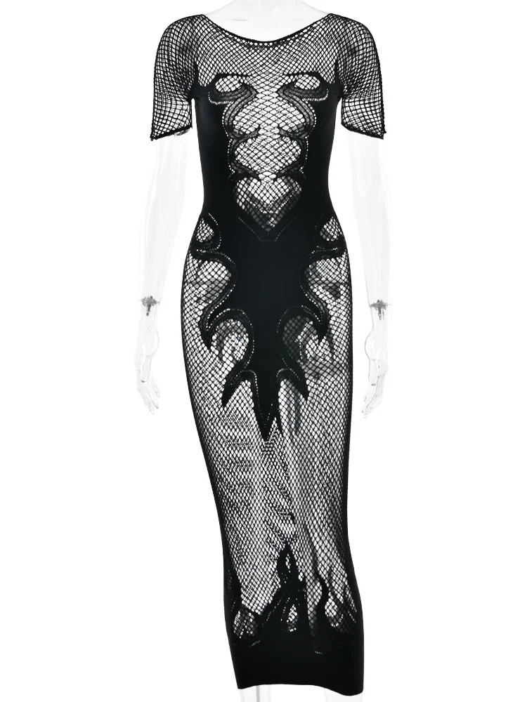 Abito patchwork in rete Donna Wild Flame Stampa O-Collo Manica corta Midnight Hottie Skinny Party Clubwear Lungo aderente