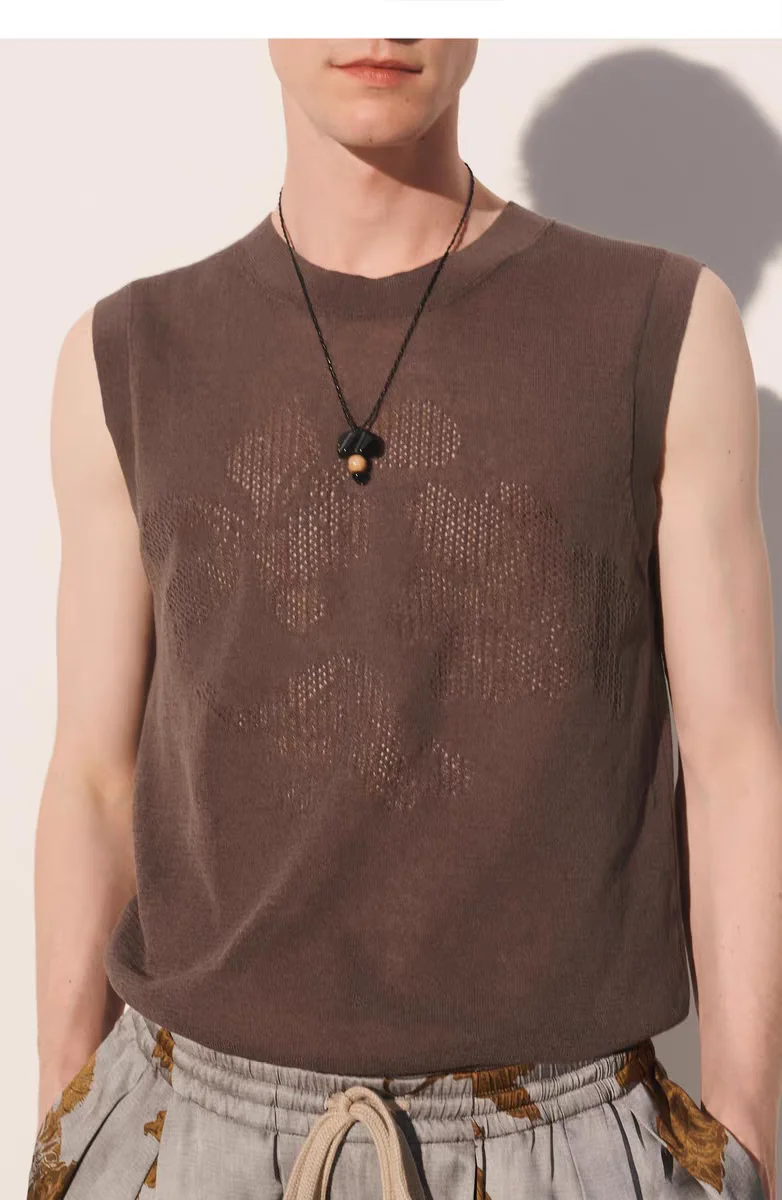 

New 2026 Men's Casual Knitted Vest Short Sleeve Sleeveless Floral Pattern Polyester Fiber round Neck Easy to Wear Summer New