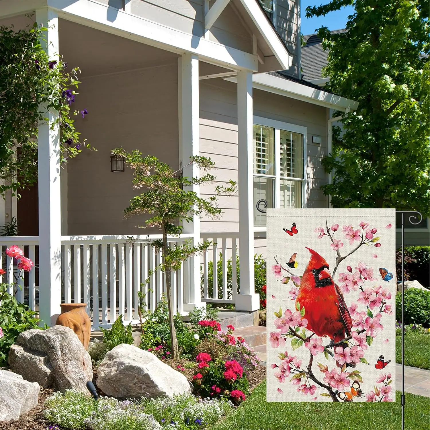 Louise Maelys Spring Floral Garden Flag Cardinal Butterfly Tree Double Sided 12x18 Inch Summer Seasonal Welcome Small Burlap AAS