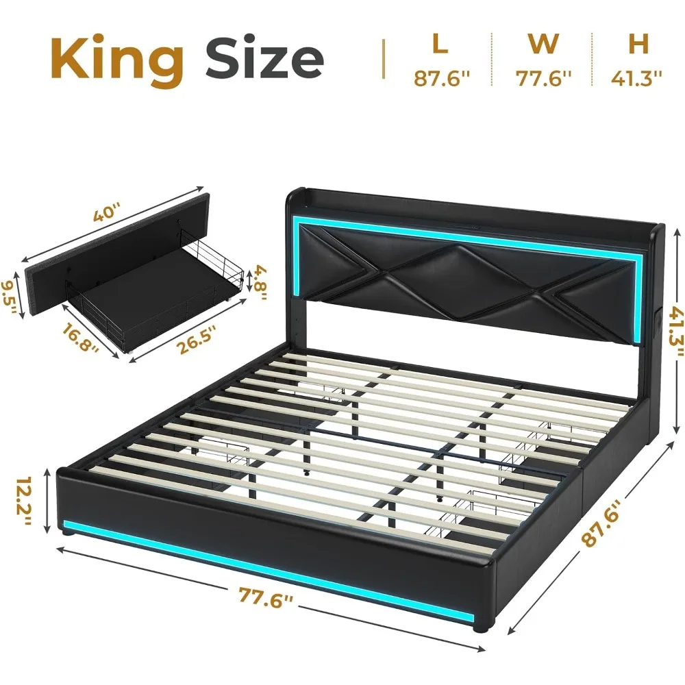 King Bed Frame with Storage Drawers and LED Lights, with Headboard Storage, Type-C & USB Charging Station, No Box Spring Needed