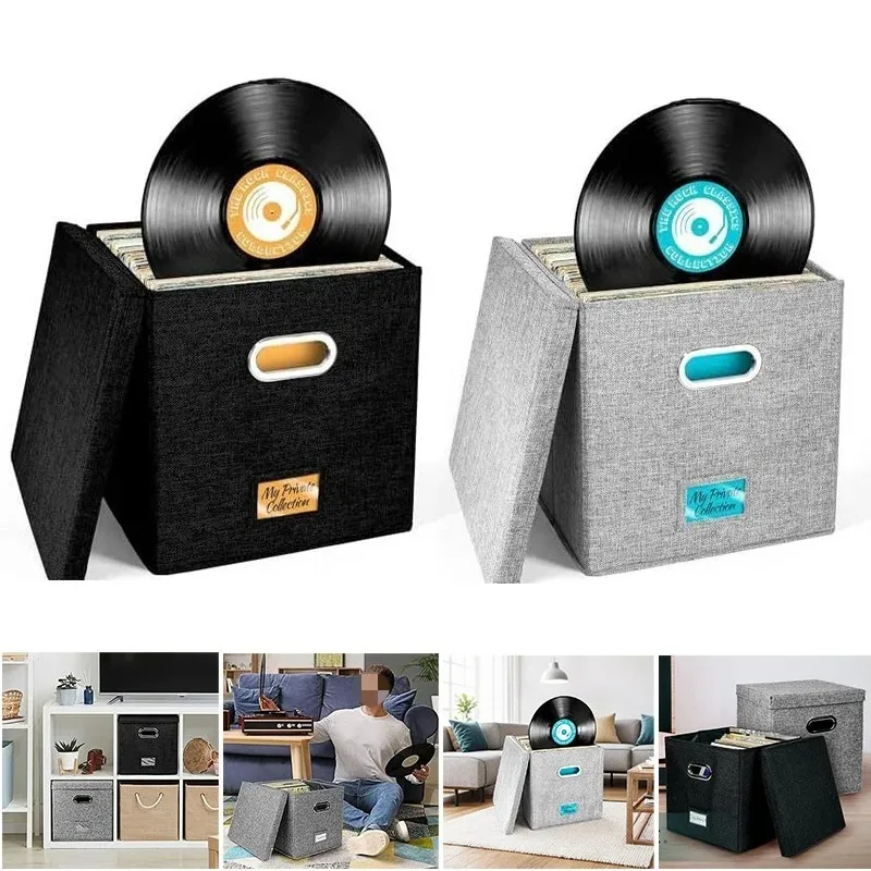 Large Capacity Foldable Vinyl Record Storage Box for 50 LP Albums Cotton Linen Fabric Organizer with Lid Multi Functional Home