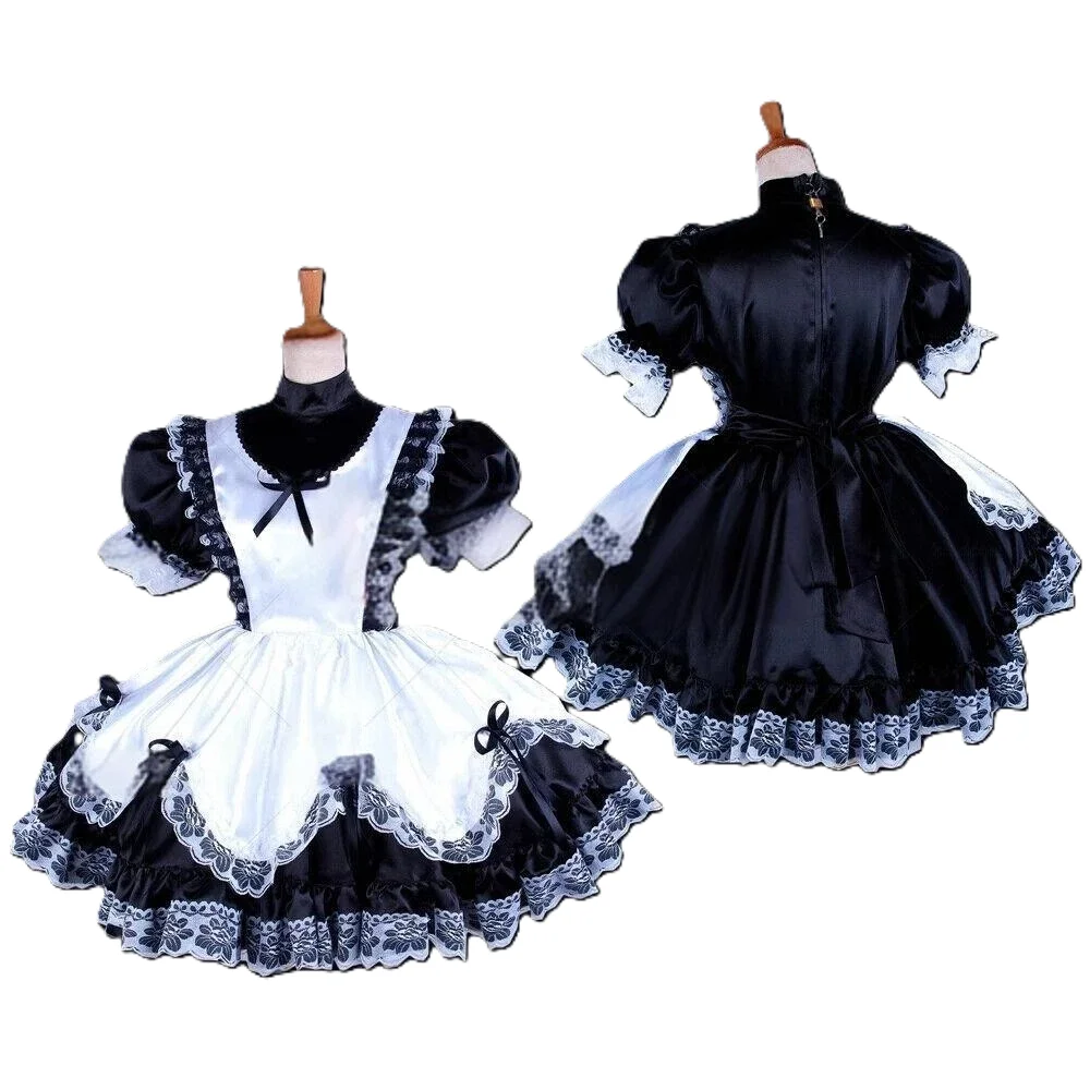 

Sexy Sissy French maid black and white satin lockable ribbon lace ruffle dress cosplay clothing customizable