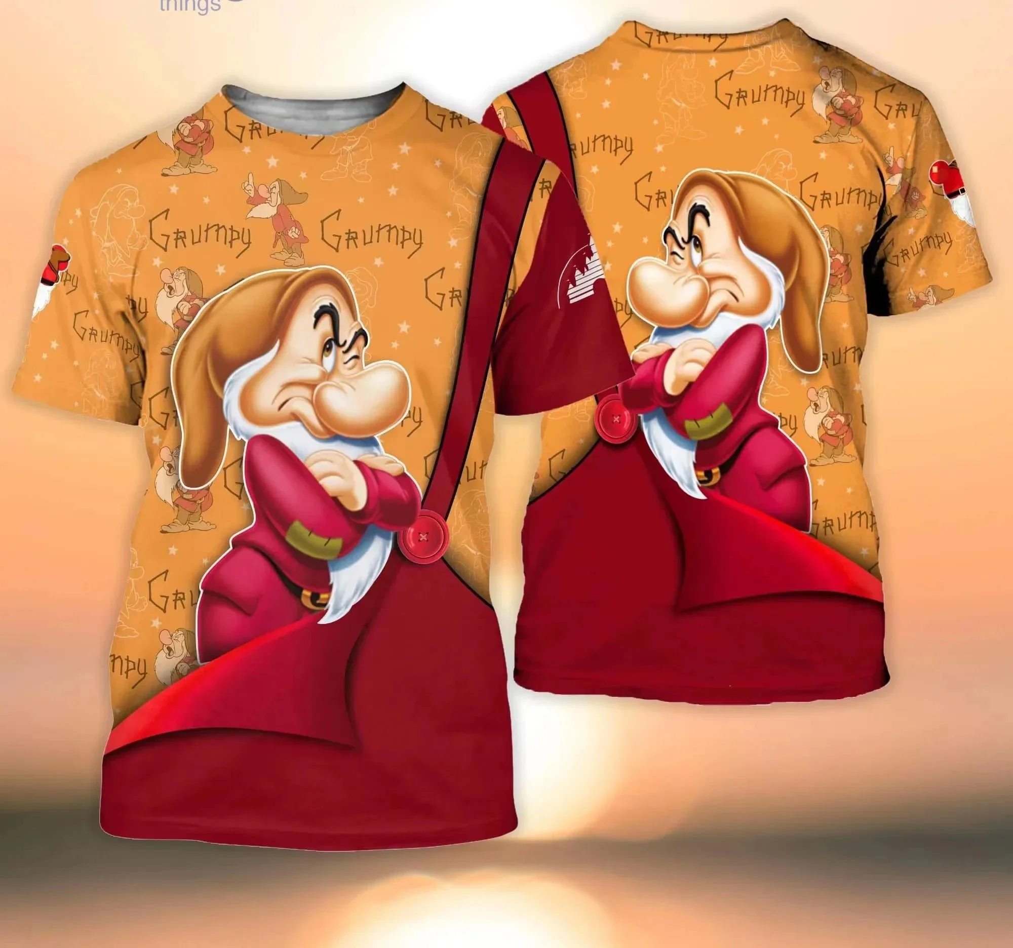 2024 Summer New Disney 3D Print T-shirt Grumpy Dwarf Red Button Overall Patterns Short Sleeves Disney Cartoon 3D T-Shirt Unisex