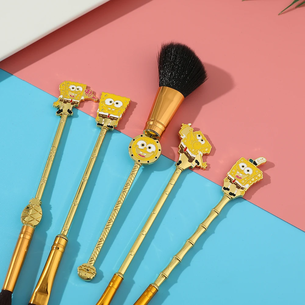 5pcs/Set SpongeBob SquarePants Cartoon Makeup Brushes Kits Foundation Blending Blush Concealer Eyebrow Powder Brush With Pouch