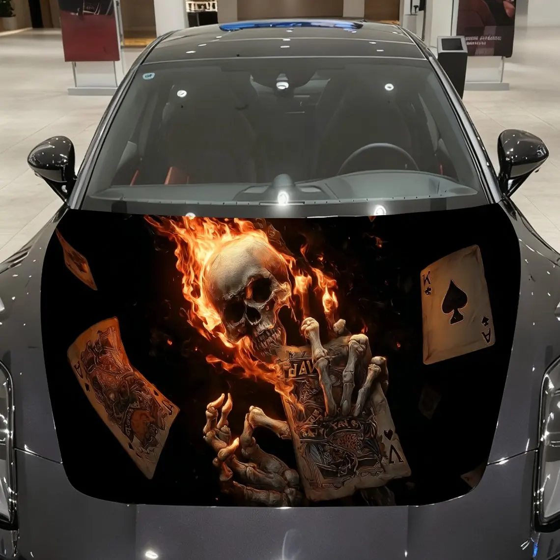 

Fiery Ace of Spades Skull and Skeleton Car Vinyl Wrap, PVC Material Waterproof Car Hood Sticker, Self-Adhesive Scratch-Resistant