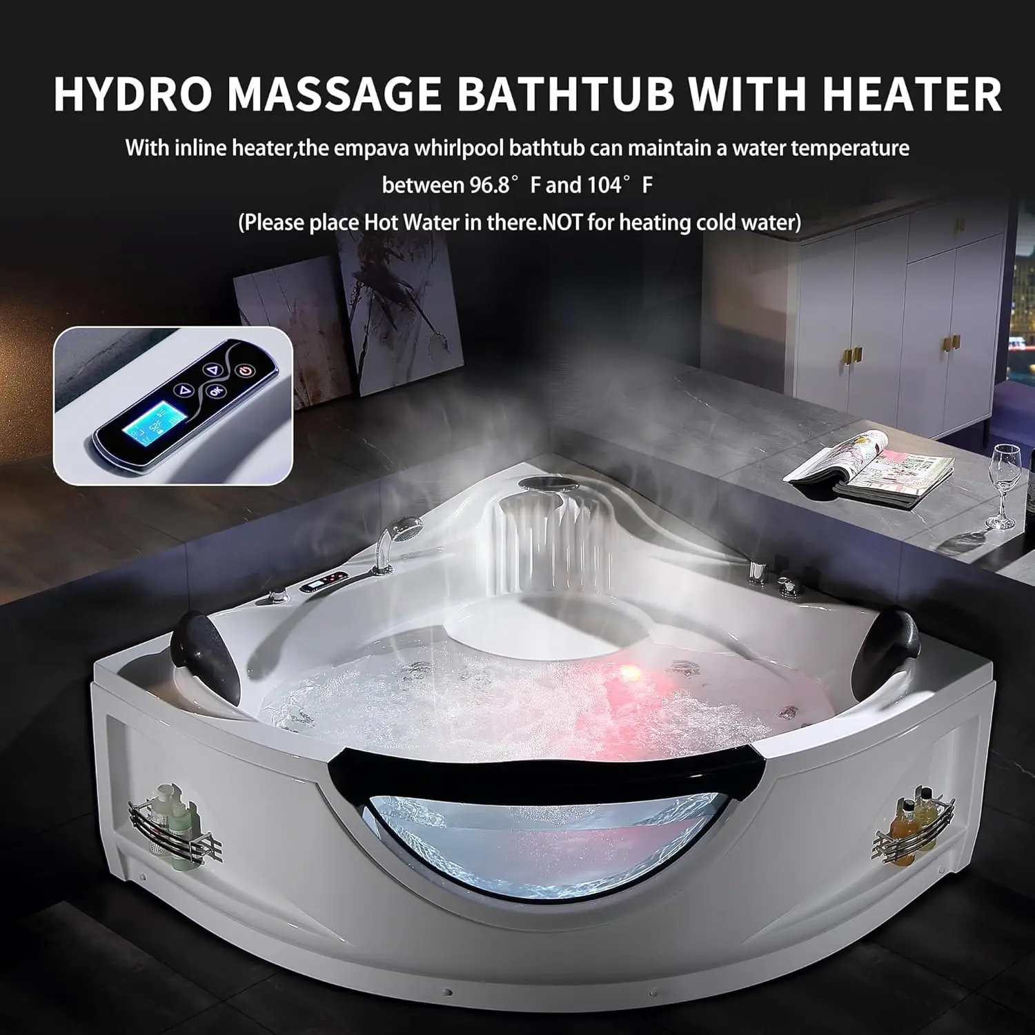 Corner Whirlpool Bathtub with Heater 2 Person 59