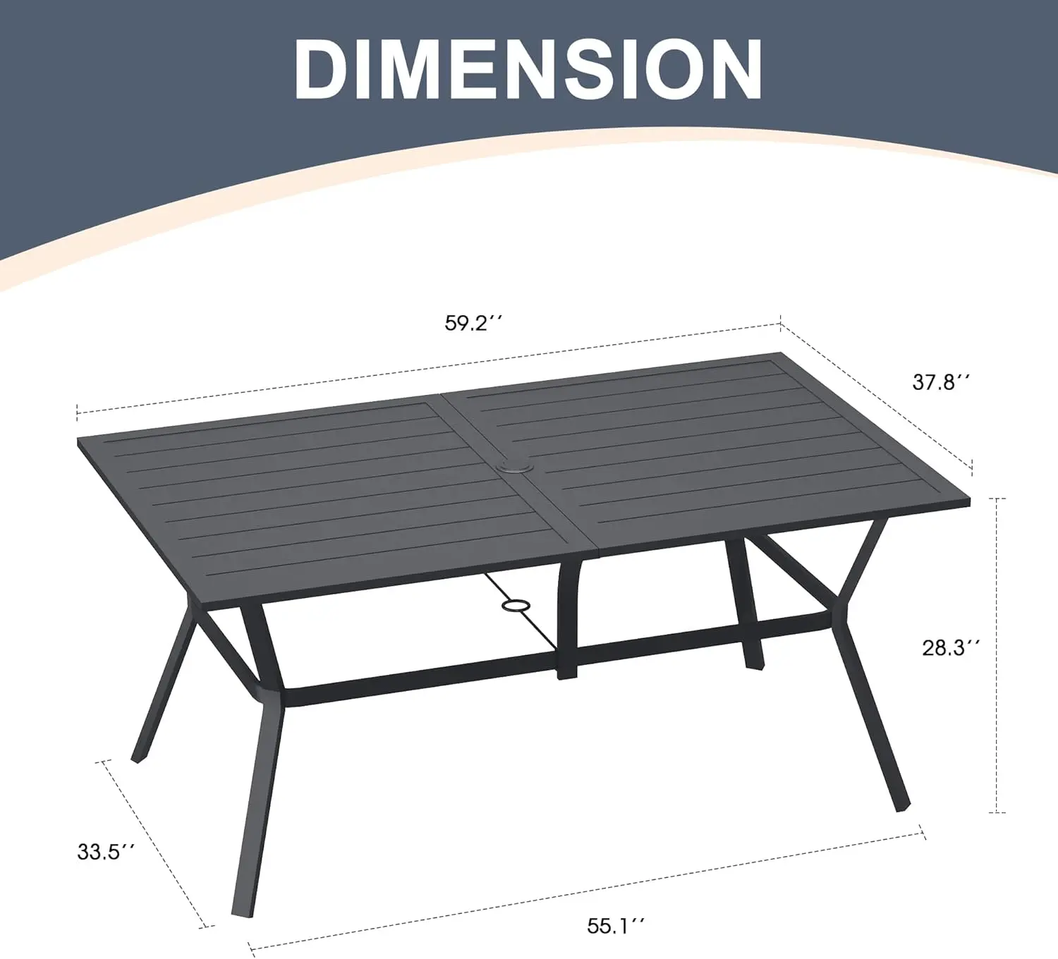 VICLLAX Rectangle Patio Dining Table for 6 Person, Outdoor Metal Steel Slat Table with Umbrella Hole for Patio, Lawn, Garden, Po