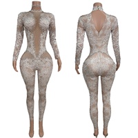 Sparkly Crystals See Through Mesh Printing Jumpsuit Nightclub Party Dance Outfit Tight Fitting Jumpsuit Sexy Women Wear Xiaobai