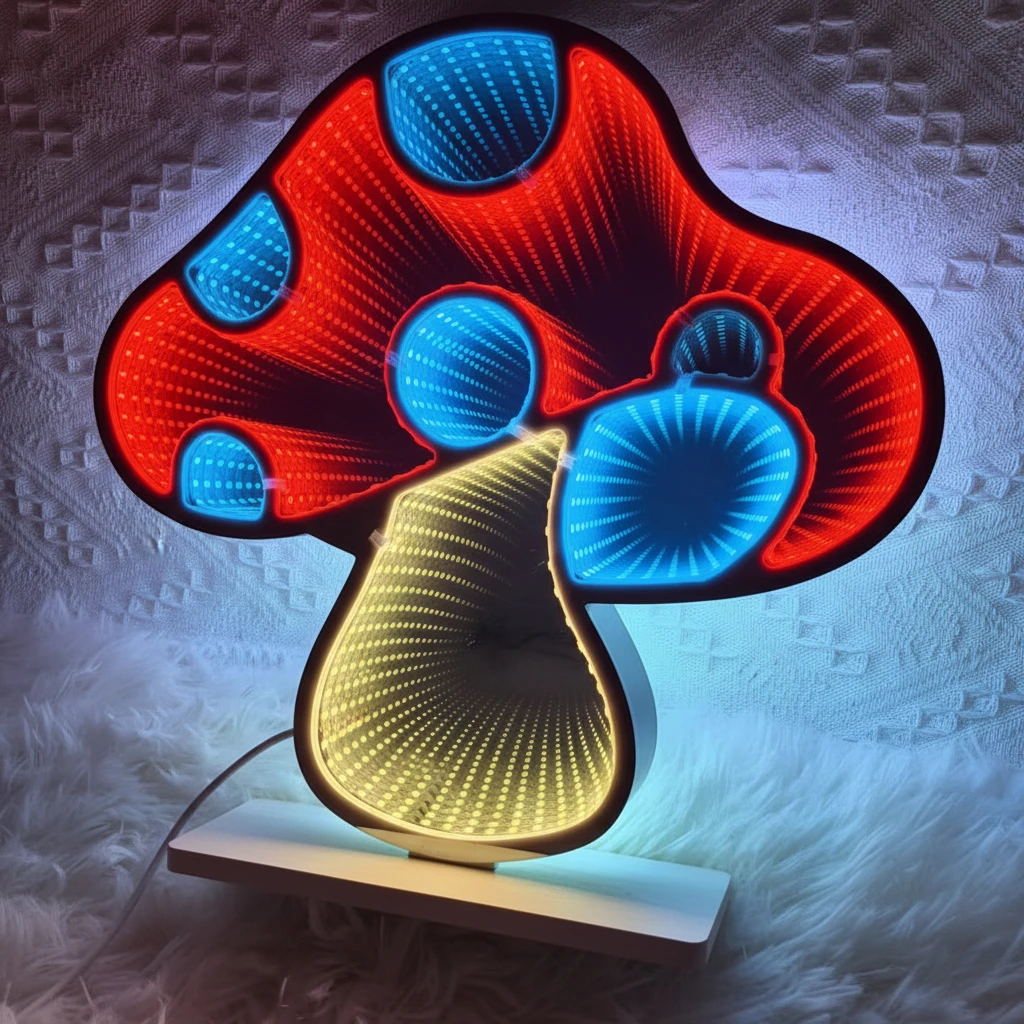 Mushroom Tunnel Mirror Light LED Neon Wall Decor with Push Button Control Red for Home Office Salon Bar Cafe Decorative Lighting