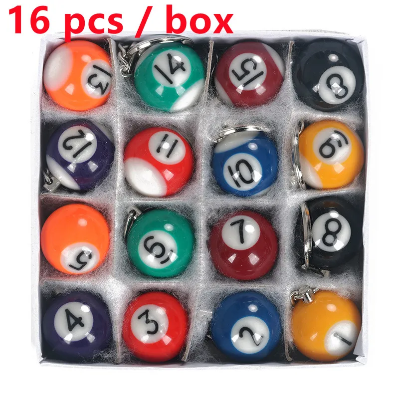 16pcs/Set Mini Billiards Shaped Keyring Assorted Colorful Billiards Pool Small Ball Keychain Creative Hanging Decorations