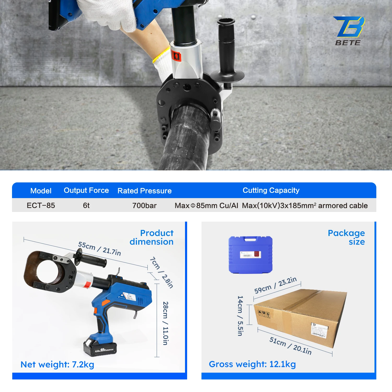 ECT-85 LCD 6T 85mm Armoured Copper Aluminum Hydraulic Cutter Cordless Battery Cable Cutting Tool