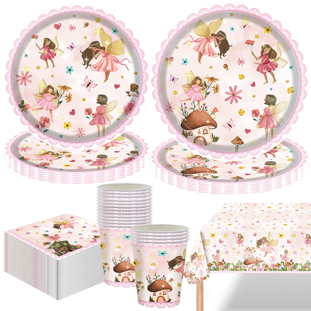 Różowy motyl Kwiat Wróżka Motyw Jednorazowa zastawa stołowa Talerze Kubki Serwetki Dziewczynki Urodziny Przyjęcie Wesele Baby Shower Wystrój