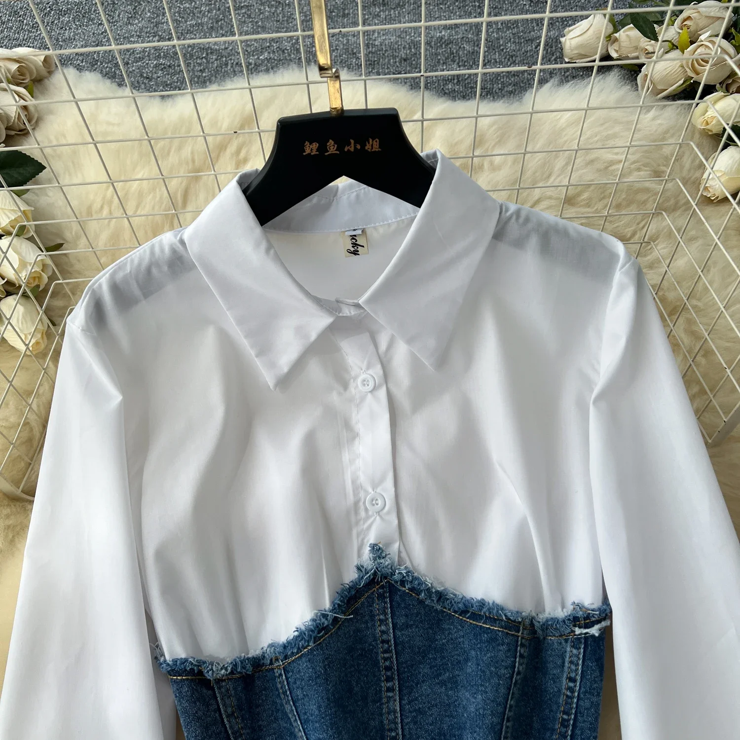 Women Two-Piece Sets Vintage Turn-down Collar Cowboy Spliced Shirt and High Waist Split Skirt Korean High Street Autumn Clothing