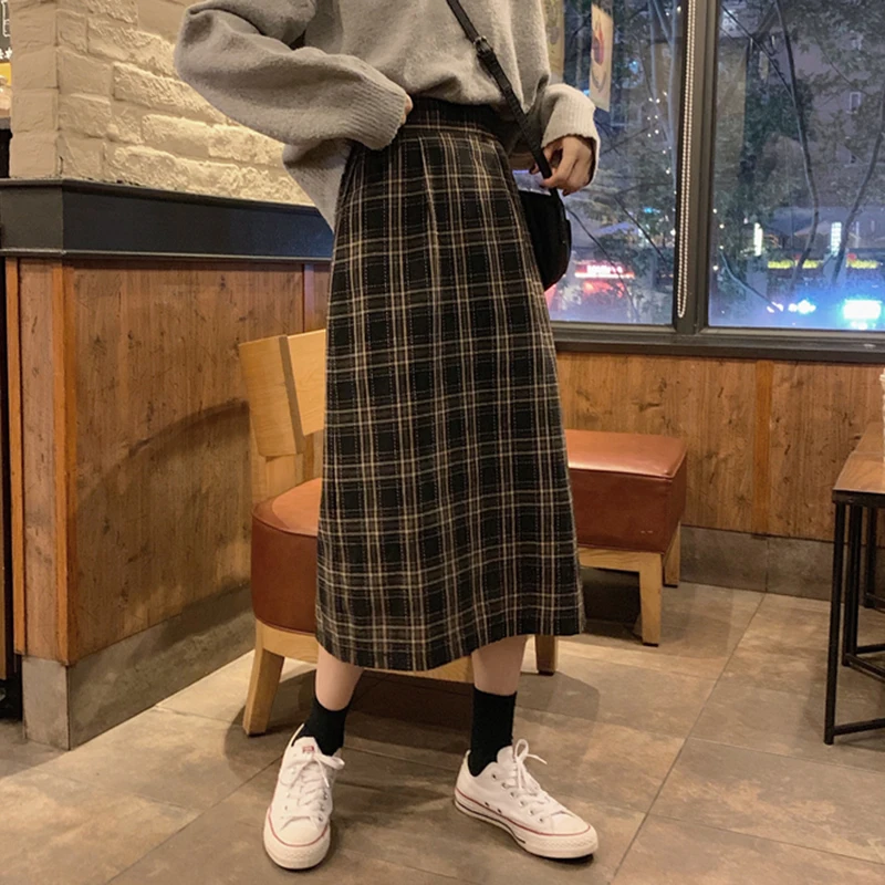 Women High Waist Dark Brown Split Slim Korean Woolen Skirts Elastic Plaid Print Summer Vintage Female Midi Long Skirt Streetwear