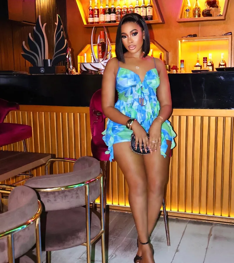 Women Casual Print 2pcs Pants Suits Sexy Mesh Sling Hight-slit Tops + Stretchy Short Skirt Trousers Sets Two Piece