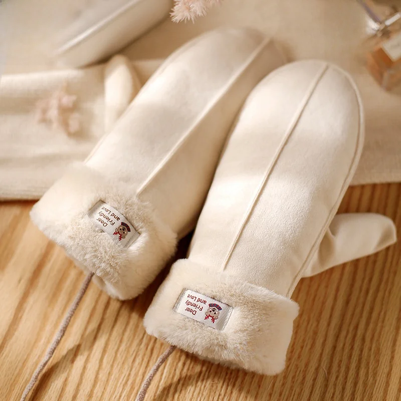 

Замшевые перчатки Thiened Fce на подкладке для женщин, зимние теплые милые пальцы, подвесные велосипедные перчатки с защитой от ветра, корейский Sle