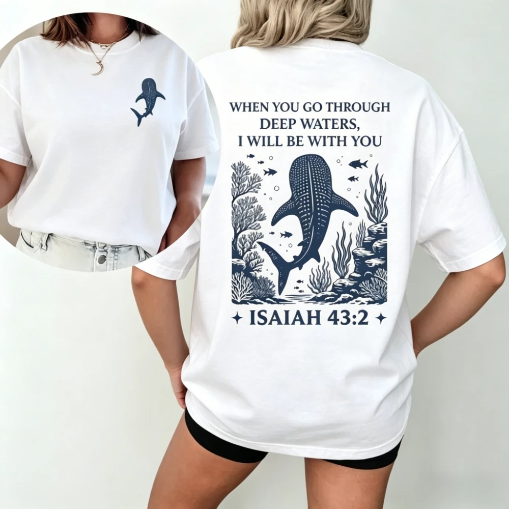 Christliches Walhai-T-Shirt, Jesaja 43:2, Bibelvers, Ozean-Glaubens-Shirt, christliches Geschenk, Kleidung für Damen, Unisex, modische Baumwoll-Tops