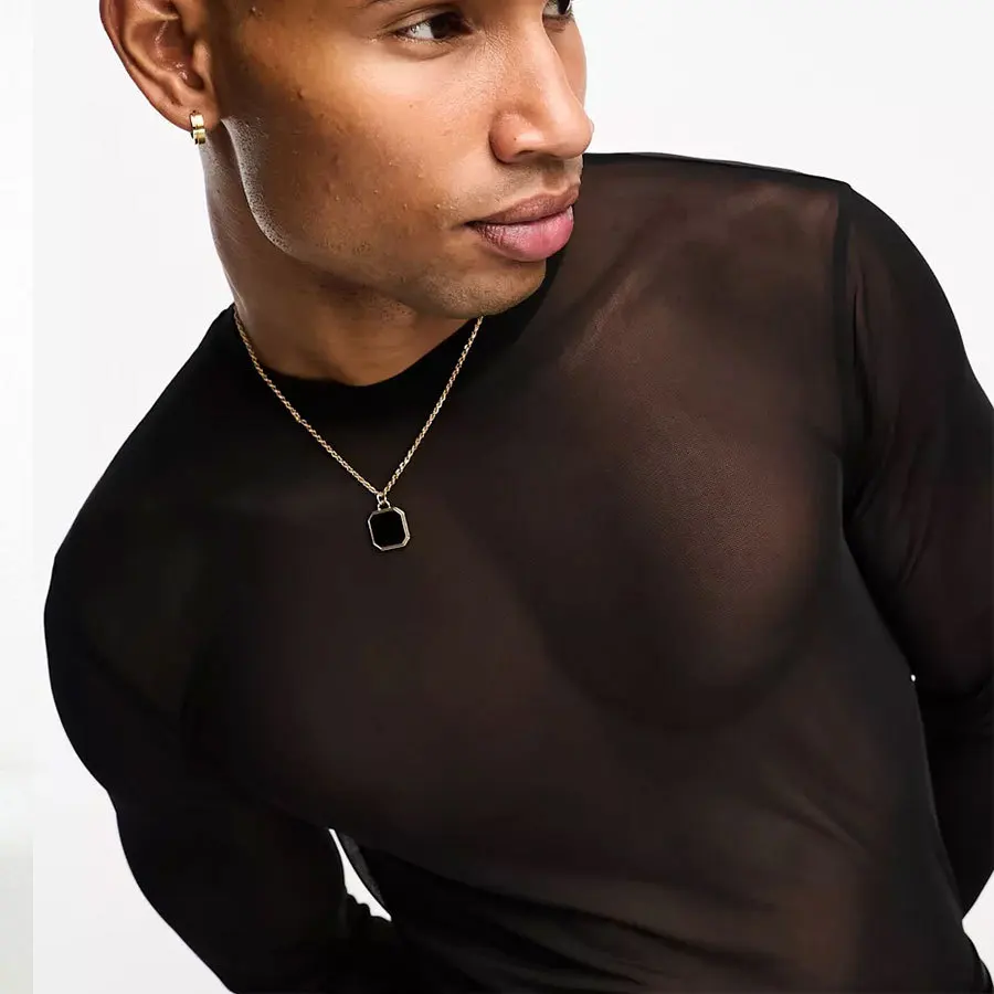 Long Sleeved Drop Shoulder Perspective Tshirt for Men Sexy Nightclub Wear Fitness Breathable Mesh Bottom Shirt Performance Wear
