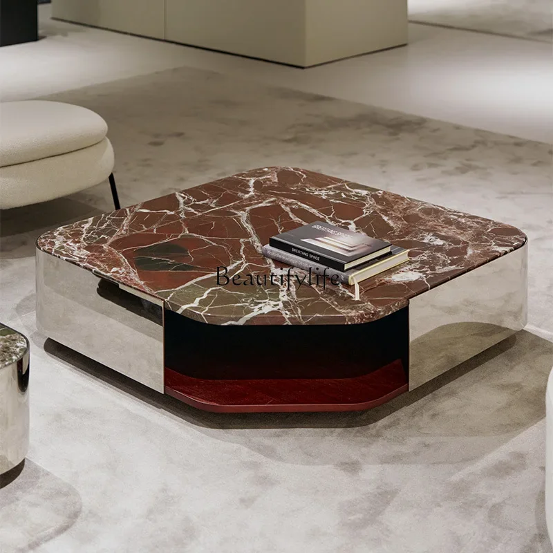 

55New Italian minimalist style natural luxury stone coffee table Ziluo red marble square