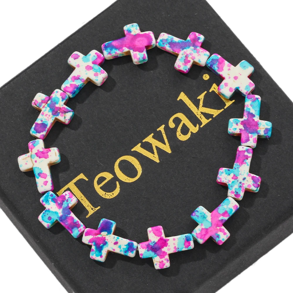 Teowaki Natural Pink Turquoise Cross Shape Bracelet Simple Commute Jewelry Birthday Gift For Teenagers Male Female 19cm