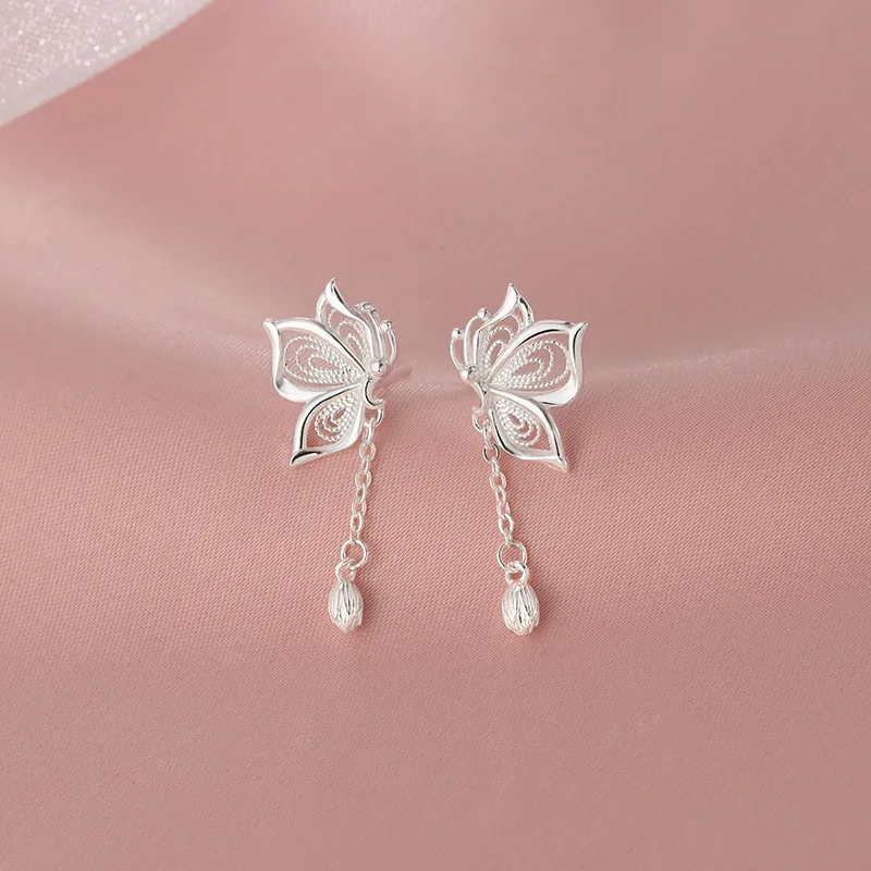 Exquisite Silver Hollow Butterfly Stud Earrings For 925 Women Shiny Crystal Zircon Butterfly Lotus Pendant Earring Party Jewelry