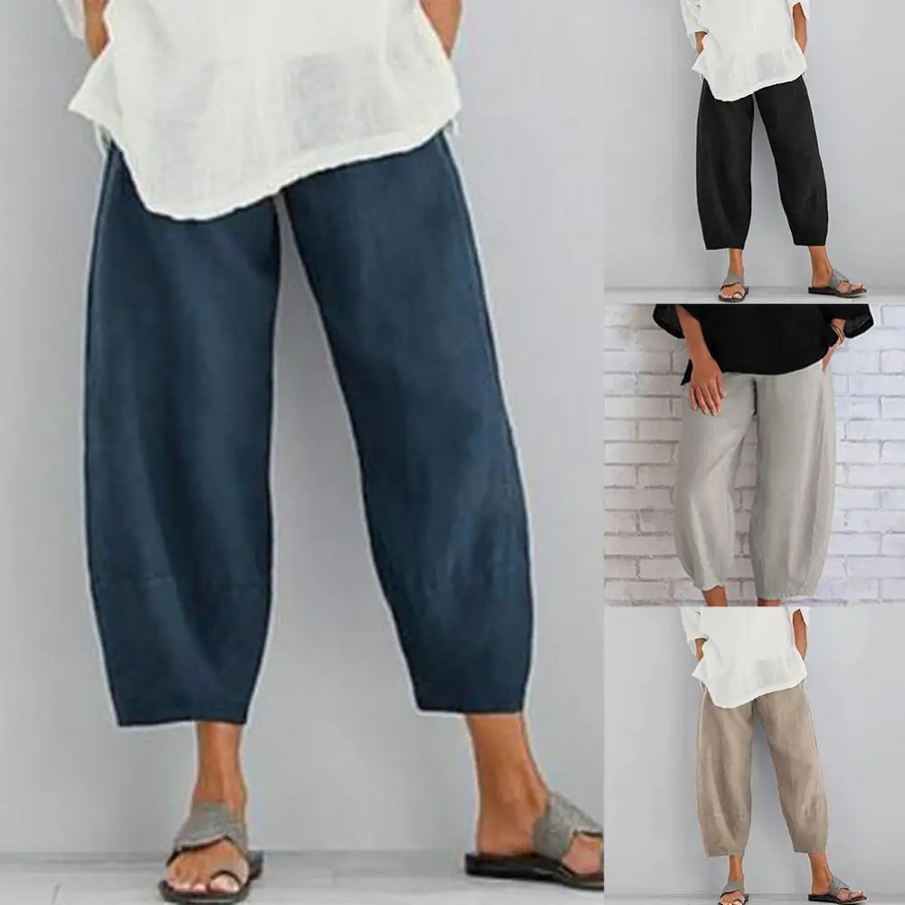 2023 Women Linen Pants Summer Casual Cotton Loose High Waist Pocket Trousers Female Vintage Ankle-Length Wide Leg Trousers