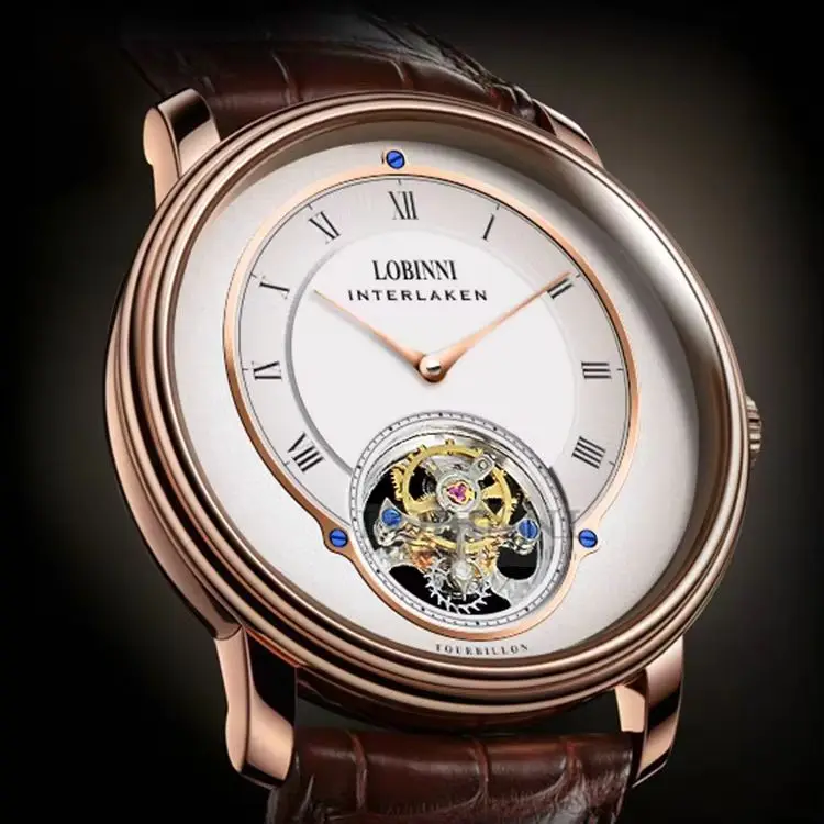 LOBINNI Men Tourbillon Watch 40mm Manual Winding Mechanical Wristwatch Sapphire Mirror Skeleton Dial Leather Strap