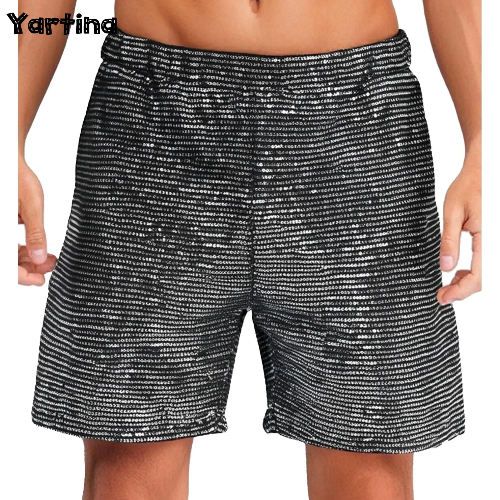 

Mens Soft Liner Bling Bling Beach Shorts Sparkly Sequins Shiny Shorts Elastic Waistband Casual Vintage Pants Party Club Wear