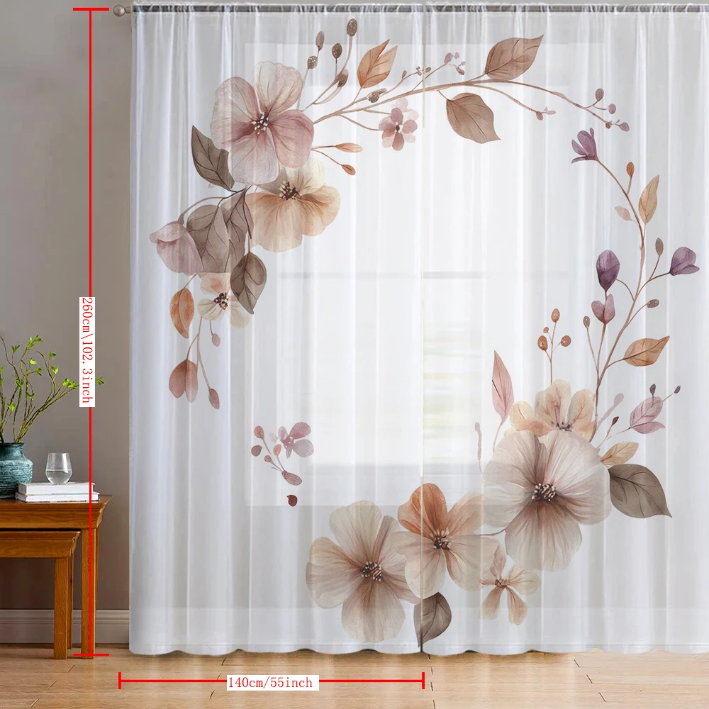 2PCS Home decoration khaki floral printed window screens with pole bags, suitable for kitchens, cafes, and living rooms