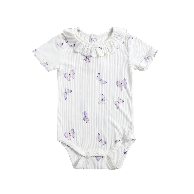 

2024 Summer Thin Newborn Girls Romper Short Sleeves Butterfly Printing Children Jumpsuit Cute Daily Unisex Toddler Clothing