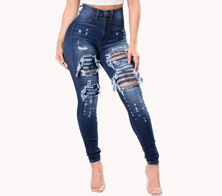 

Sexy Hollow Out Skinny Hips Ripped Denim Trousers Ladies Jeans Women's Clothing