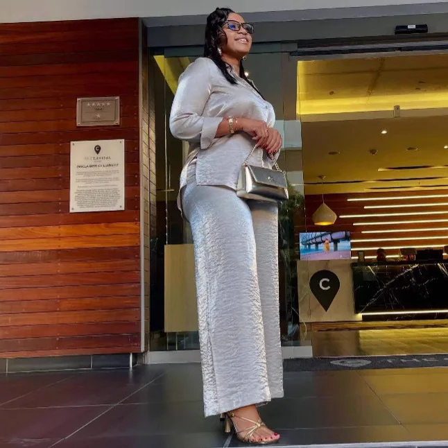 Two Pieces Set Women Long Sleeve Shirt Pant Sets Solid Straight Trousers Single Breasted Blouses Suits Office Lady Autumn