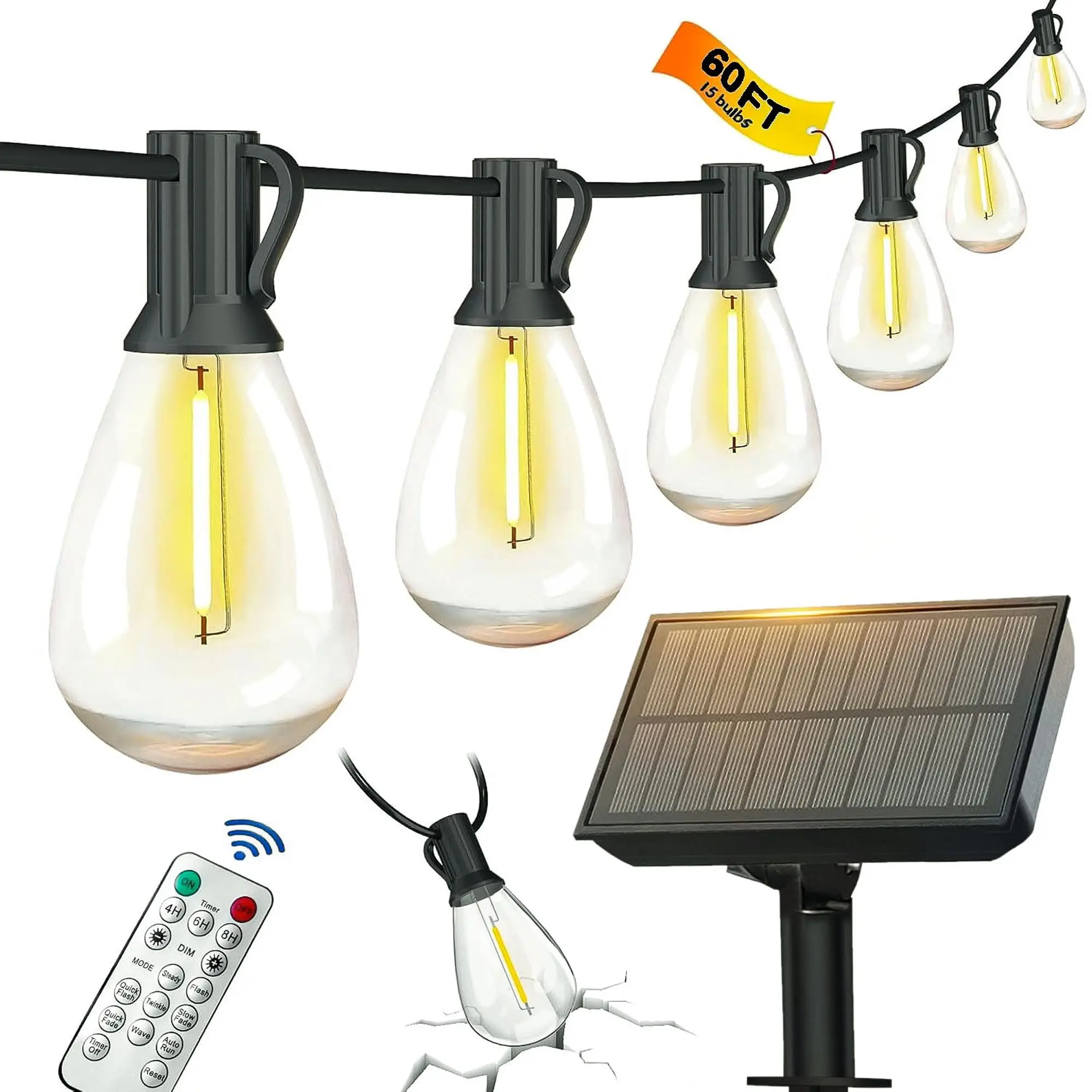 

60FT Solar String Lights Outdoor Waterproof, Remote Control & Shatterproof LED Bulbs