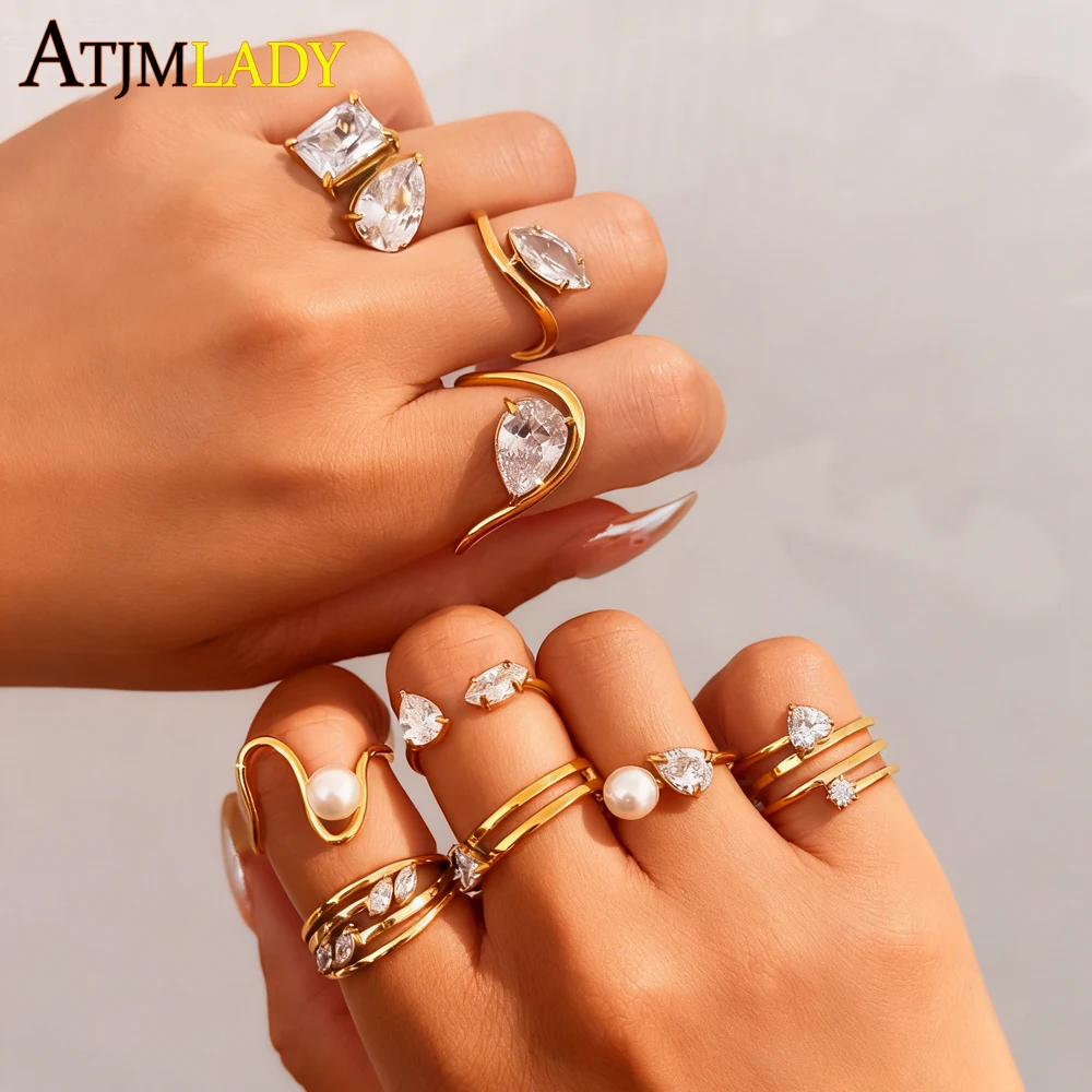 Sparkling Luxury Water Drop Shaped 5A Cubic Zirconia Finger Ring For Women Gold Color Waterproof Jewelry Gift