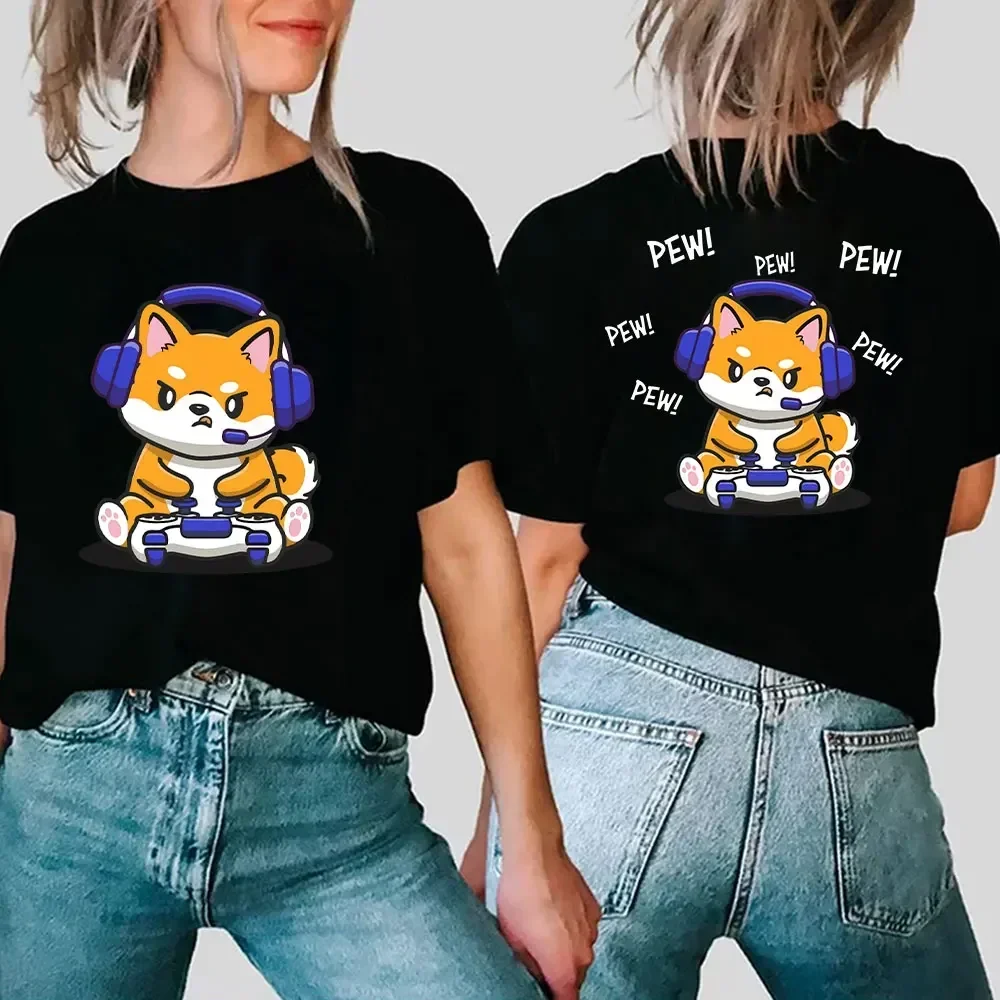 Oversized Tops Creativity Fashion Y2k Tees Double Sided Print Women Clothing Shiba Inu Playing Video Games Graphic T-Shirt 2024