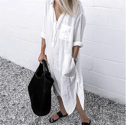 Autumn Fashion Elegant Women's Dress Simple Solid Color Long Sleeve Button Pocket Long Slit Shirt Dress Casual Retro Loose