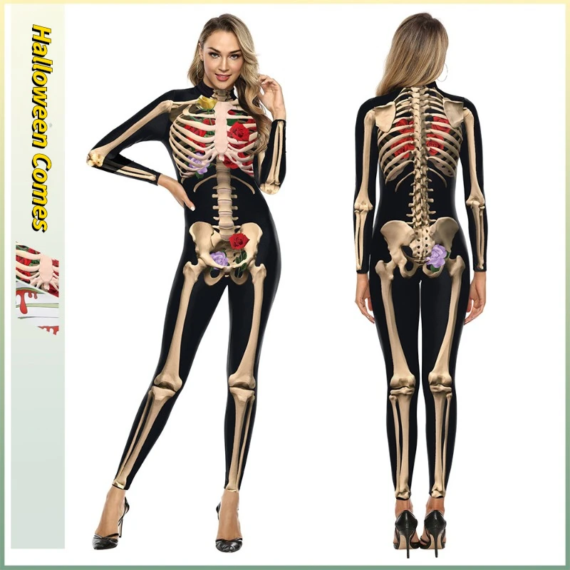 

Women's Skeleton Rose 3D Print Bodysuit - Sexy Halloween Cosplay Jumpsuit for Adults One Piece Clothing
