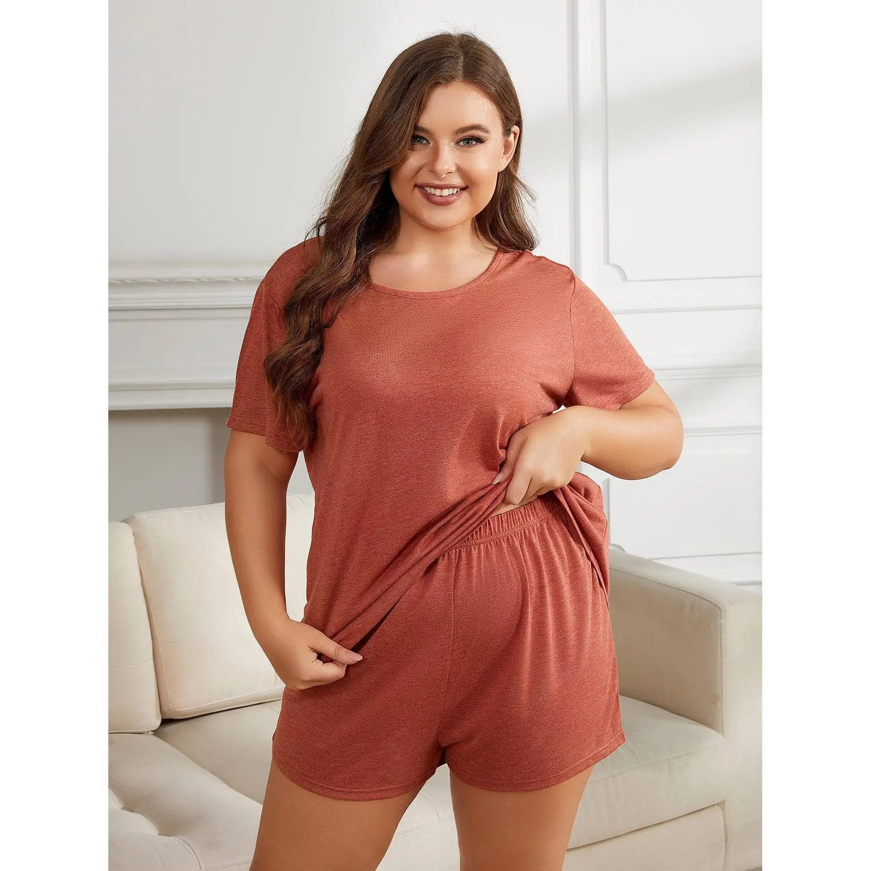 Pajama Set for Women Casual Round Neck Short Sleeve Top and Shorts Sets Summer Sleepwear Loungewear