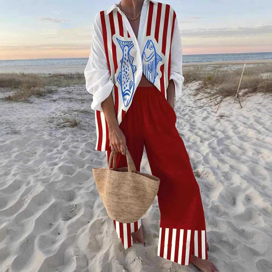 2025 New Summer Vacation Style Cruise Print 2-Piece Set Lapel Shirt+Lace-up Wide-Leg Pants For Women Cruise Outfit Beach Holiday