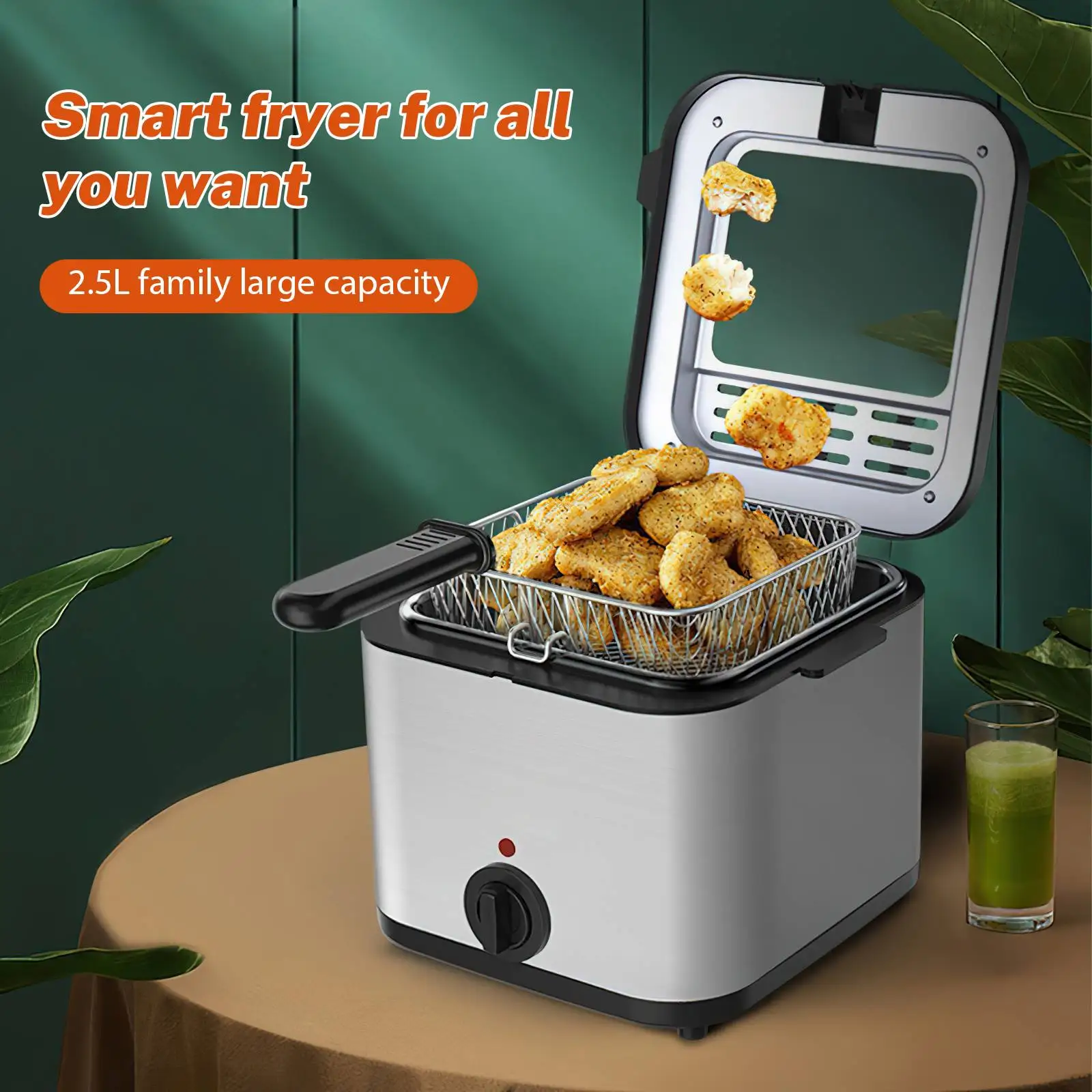 2.5L Electric Deep Fryer 1000W Compact Fryer 80-190℃ Temperature Adjustable Large Clear Window French Frie Machine