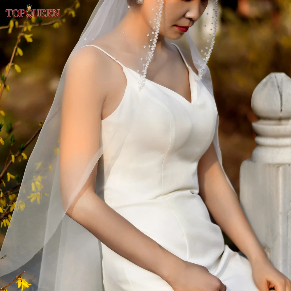 TOPQUEEN Elegant Bridal Veil Fingertip Length Veil Clear Crystal Edging With Hair Comb Wedding Accessory V85