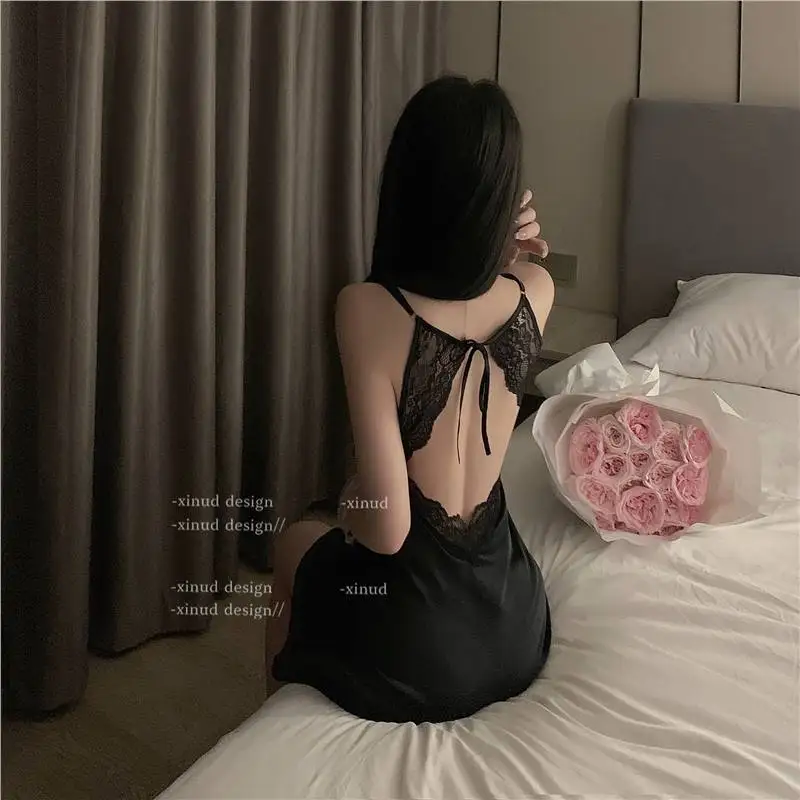 1019 فستان نوم نسائي رفيع مزين بالدانتيل بدون ظهر ملابس نوم أنثوية لطيفة أنيقة بدون أكمام فستان نوم للملابس المنزلية