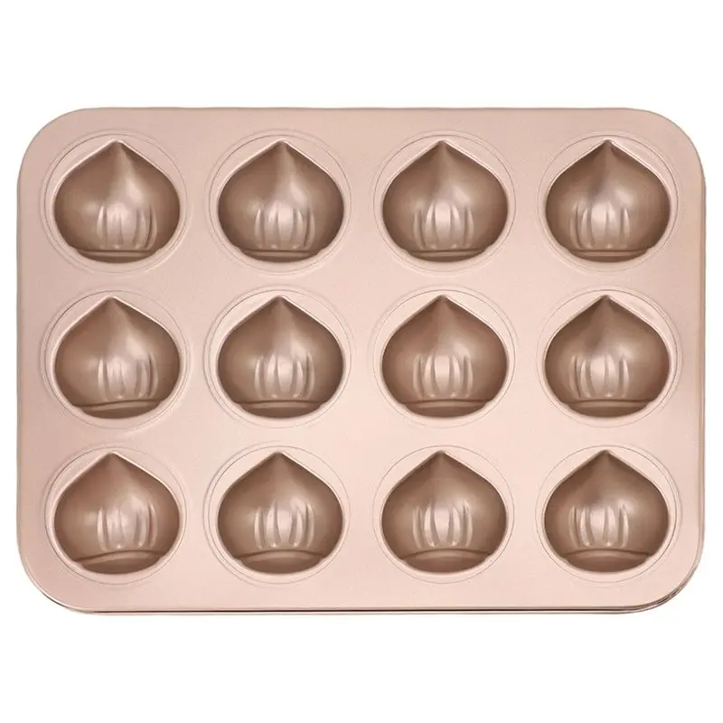 Molde para magdalenas con 12 cavidades en forma de castaña WCS, de metal antiadherente, fácil de limpiar, moldes para postres de chocolate y pudín.