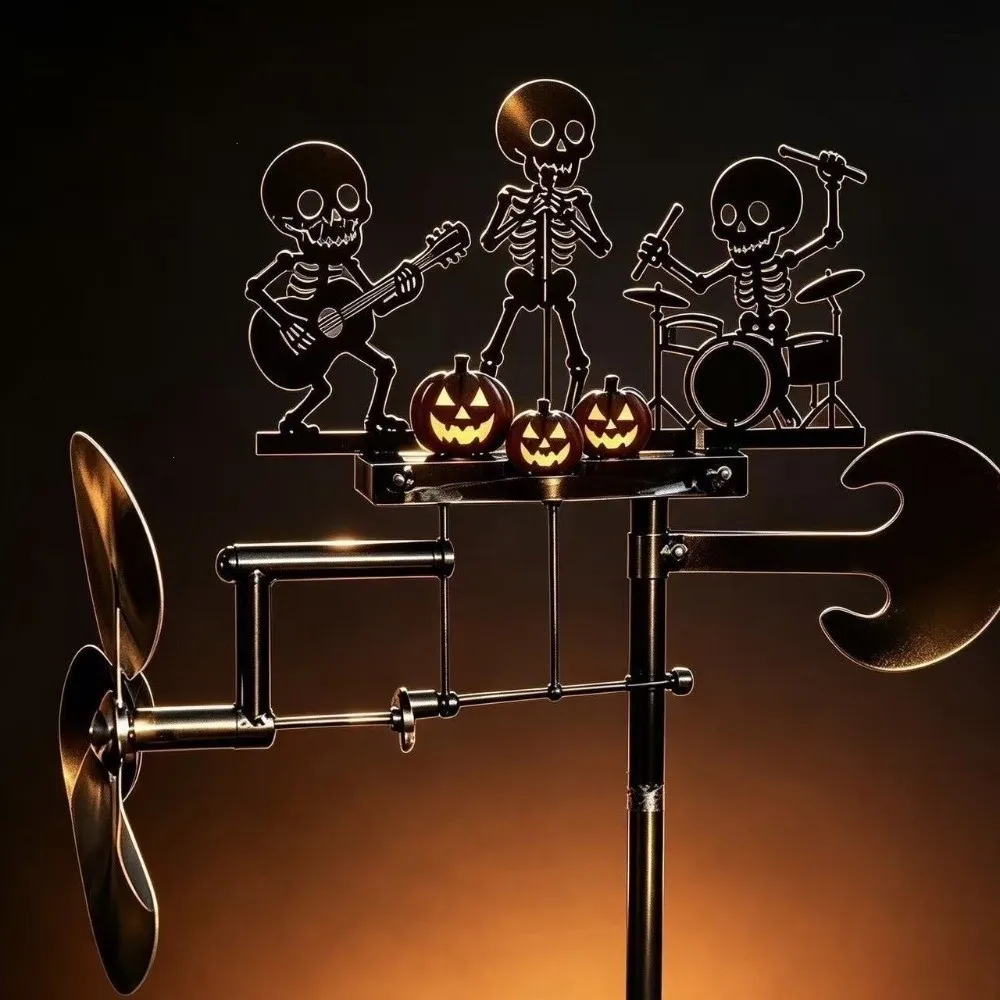 Rotating Halloween Skeleton Metal Drummer Wind Wind-Powered Heavy Duty Rock Trio Skeleton Wind Spinner Artistic Spooky