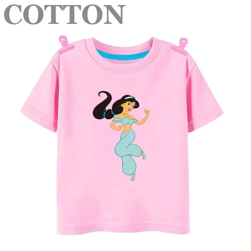 Disney Anime Dance Jasmine Princess Summer Fashion Cotton Children's Cartoon T-shirt Round Neck Short Sleeve Print Pattern