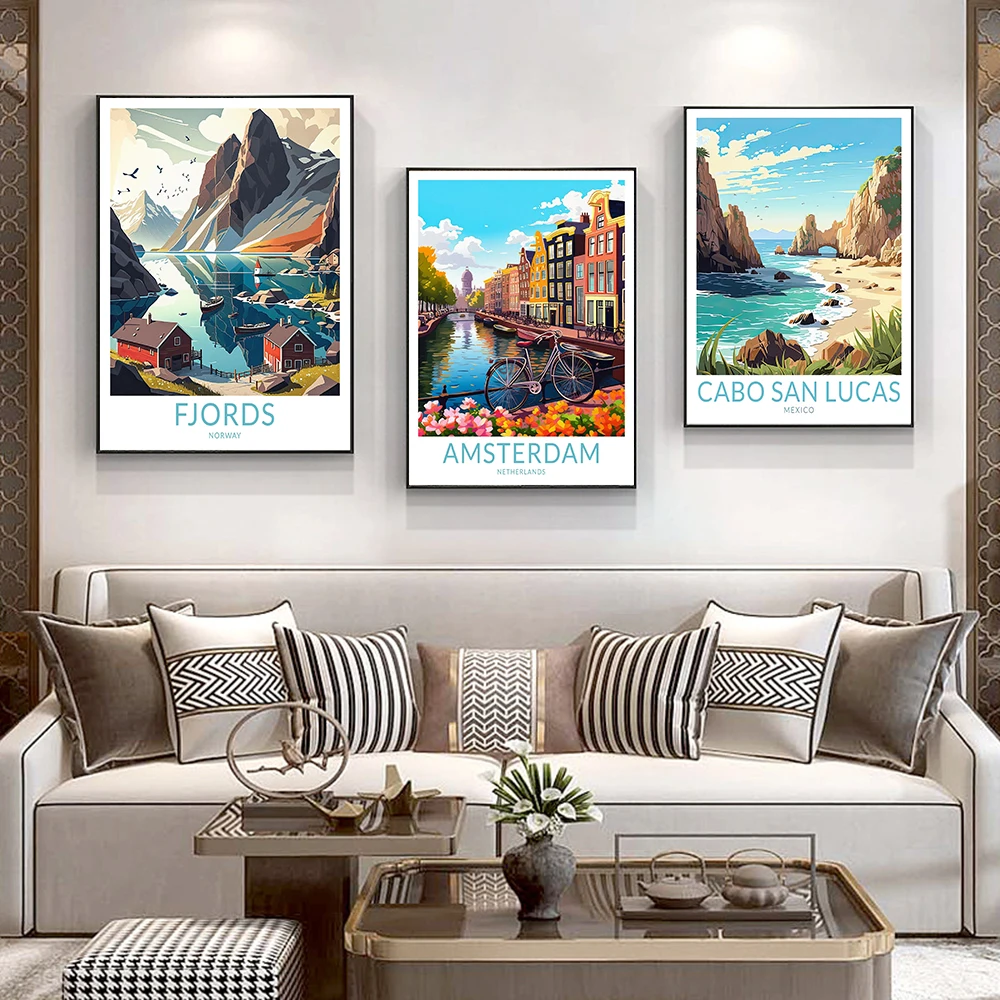 

Amsterdam city travel print urban wall art norway fjords travel print Cabo San Lucas Mexico city travel poster Cancun home decor