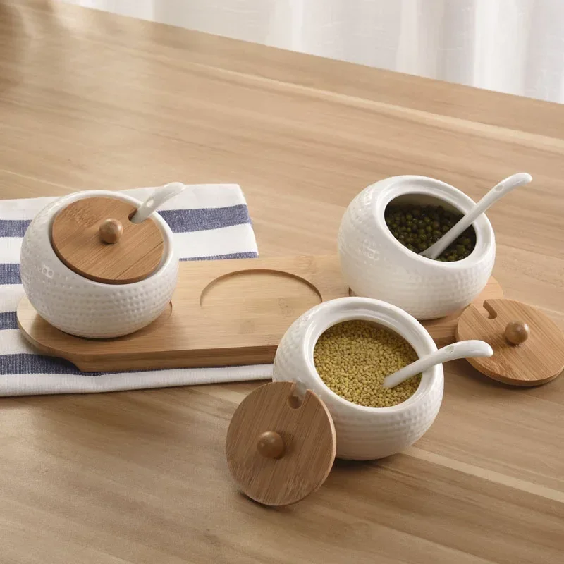 2/3pcs Set Ceramic Salt Paper Jar with Spoon Wooden Tray Seasoning Box Sugar Seasoning Bottle Household Salt Kitchen Supplies