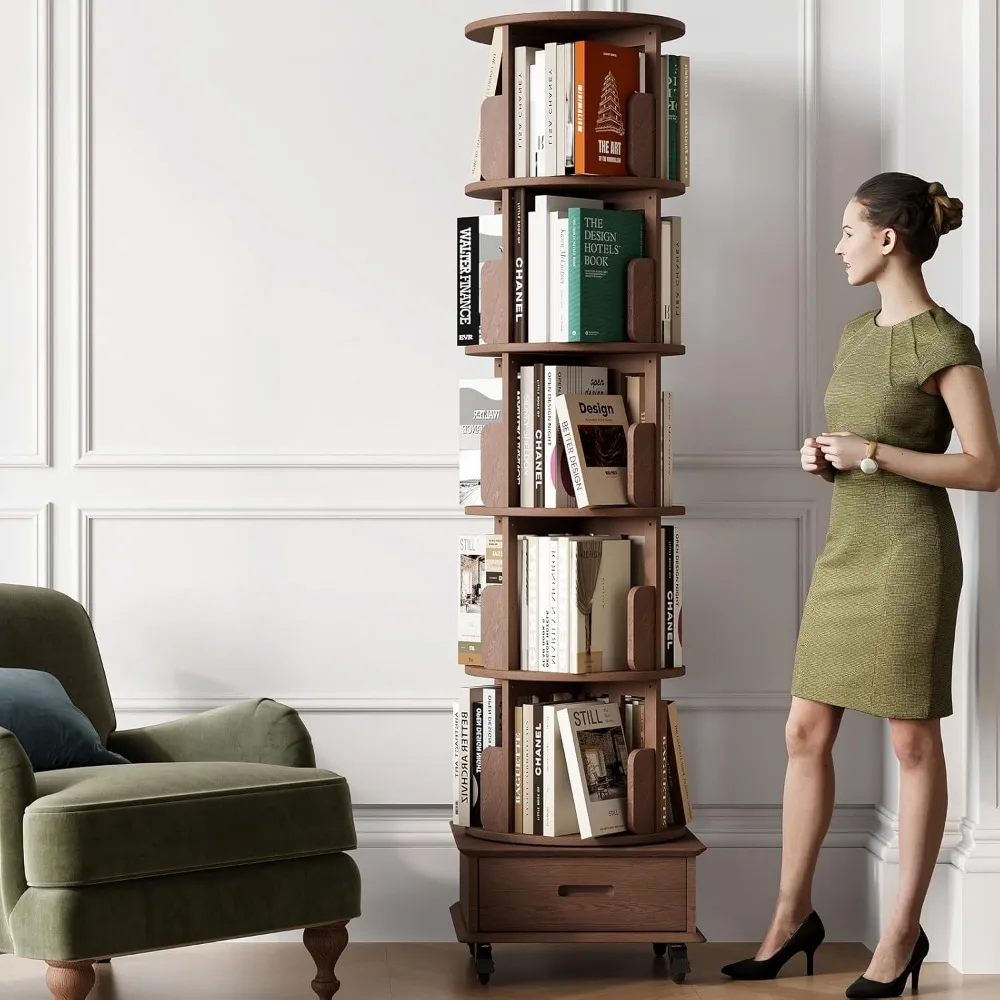 برج رف كتب خشبي دوار بخمس طبقات مع درج وعجلات، وخزانة كتب دوارة قائمة بطول 72 بوصة #3