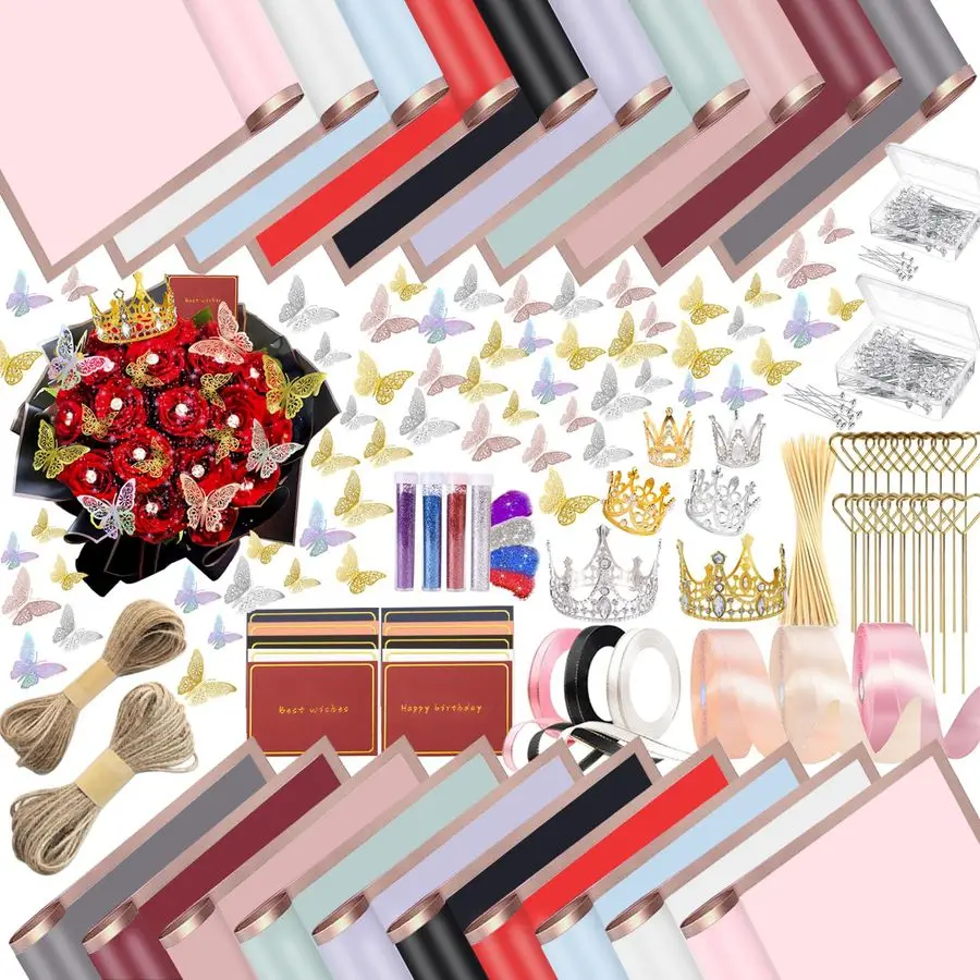 

Flower Wrapping Paper Kit 200 Sheets Waterproof Floral Wrapping Paper with 3D Butterfly Decor Crowns Bouquet Pins Ribbons, DIY C